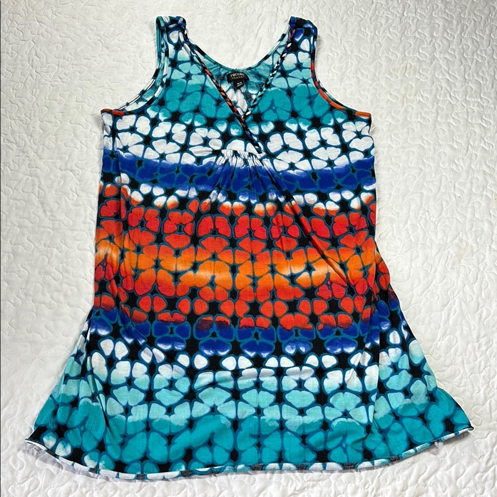 Nicole Miller Blue & Orange Tie-Dye Vneck Sun Dress size medium